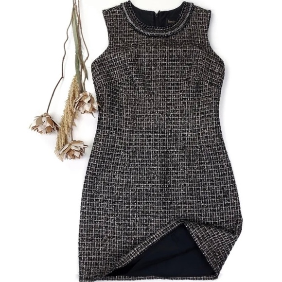 Laundry by Shelli Segal Sz 8 Black Metallic Boucle Tweed Sheath Dress Chain - Picture 5 of 12